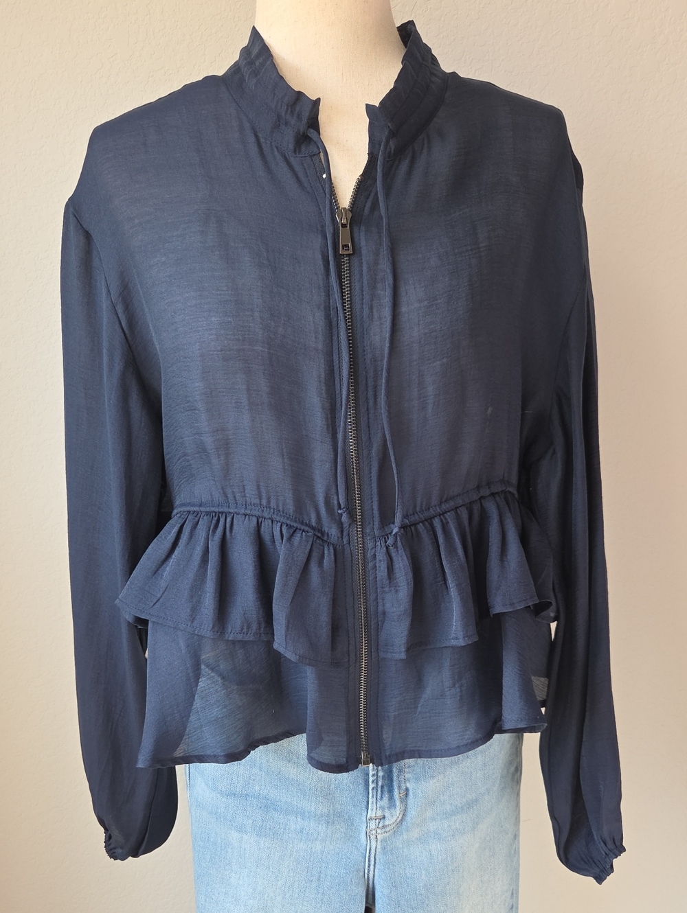 Women's Navy Blue Cute Ruffle Lightweight Zip-Front Jacket Blouson Cuffs Sz Smal